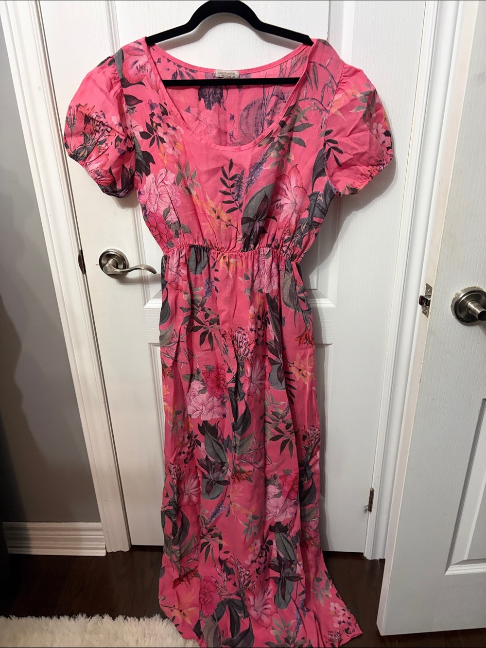 Marisa & Marie linen Pink Floral Maxi Dress with Puff Sleeves